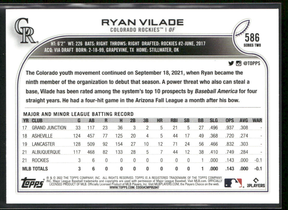 Ryan Vilade 2022 Topps #586 RC Colorado Rockies