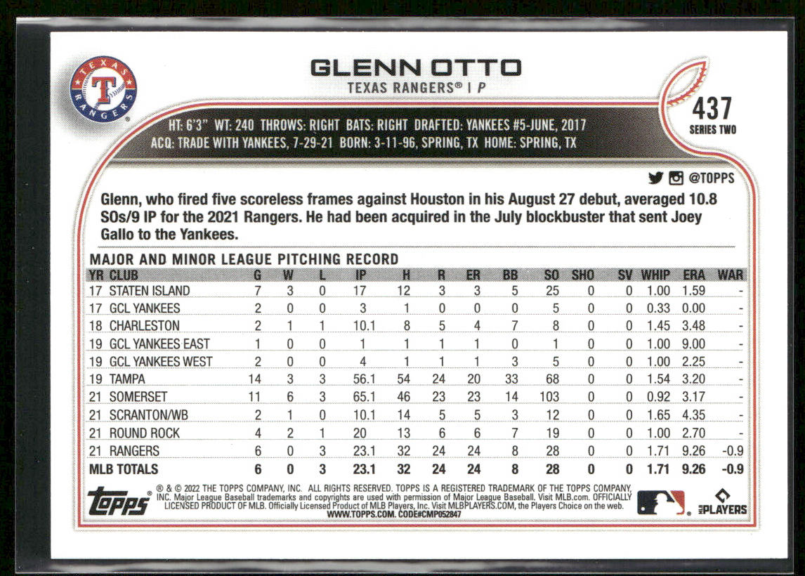 Glenn Otto 2022 Topps #437 RC Texas Rangers