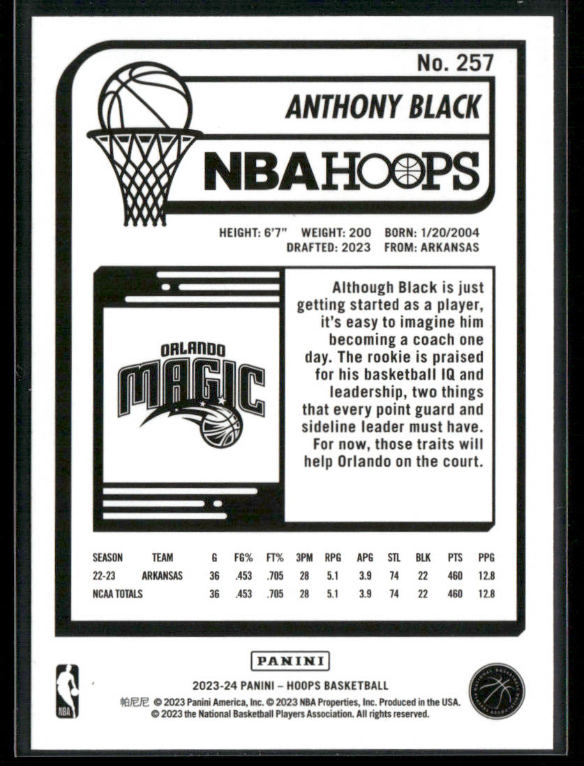 Anthony Black 2023-24 Hoops #257 RC Orlando Magic