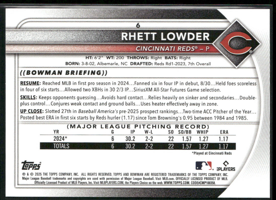 Rhett Lowder 2025 Bowman #6 RC Cincinnati Reds