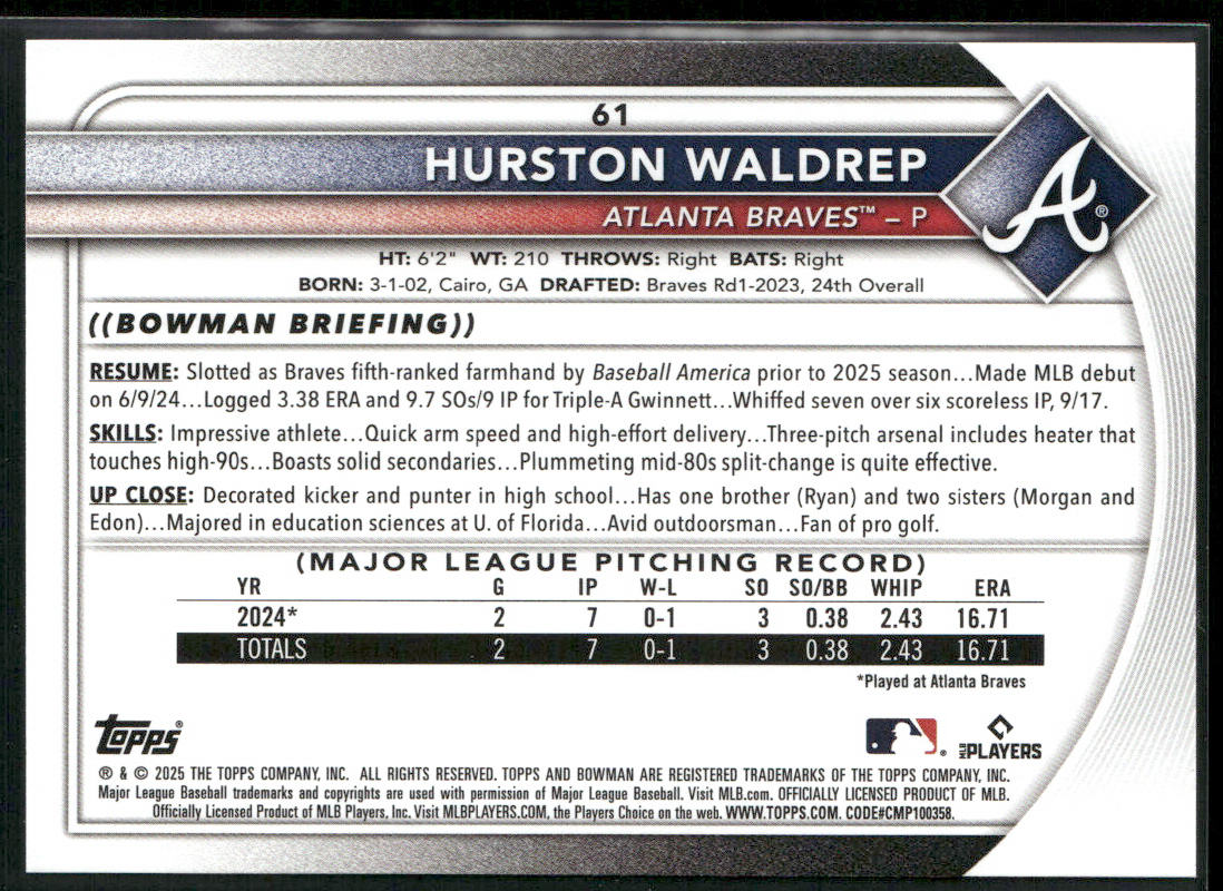 Hurston Waldrep 2025 Bowman #61 RC Atlanta Braves