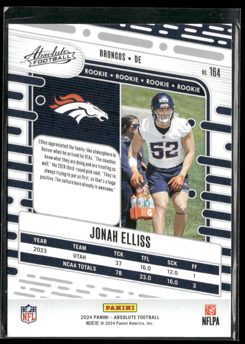 Jonah Elliss 2024 Panini Absolute Retail #164 RC Denver Broncos