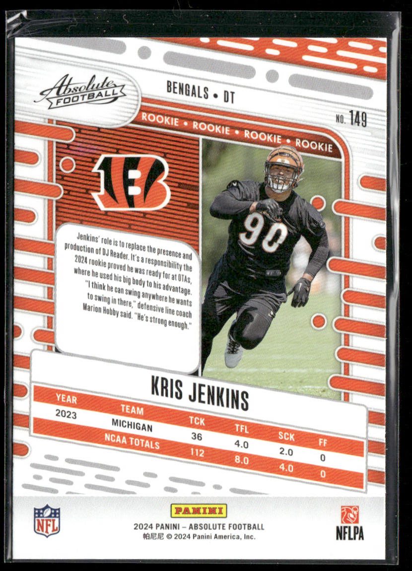 Kris Jenkins 2024 Panini Absolute Retail #149 RC Cincinnati Bengals back