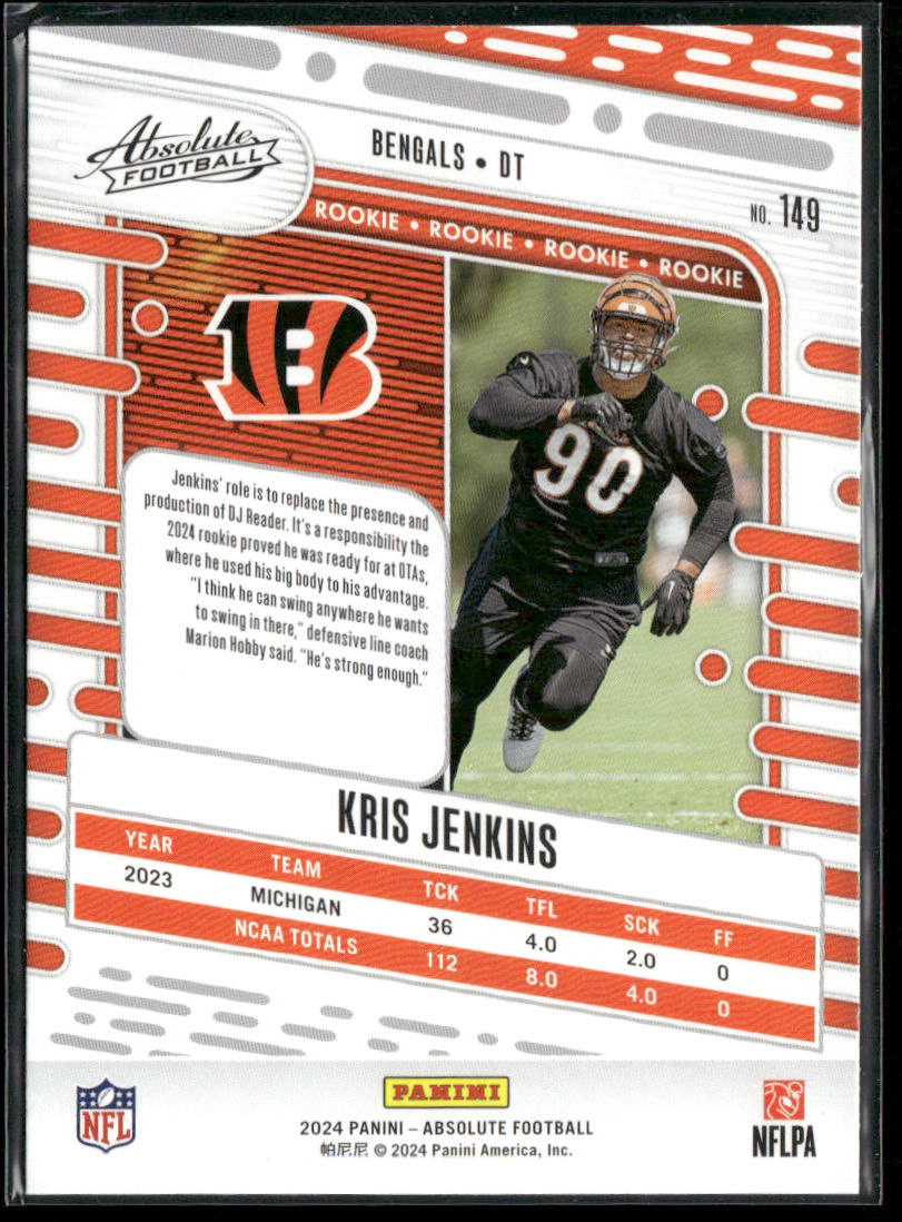 Kris Jenkins 2024 Panini Absolute Retail #149 RC Cincinnati Bengals back