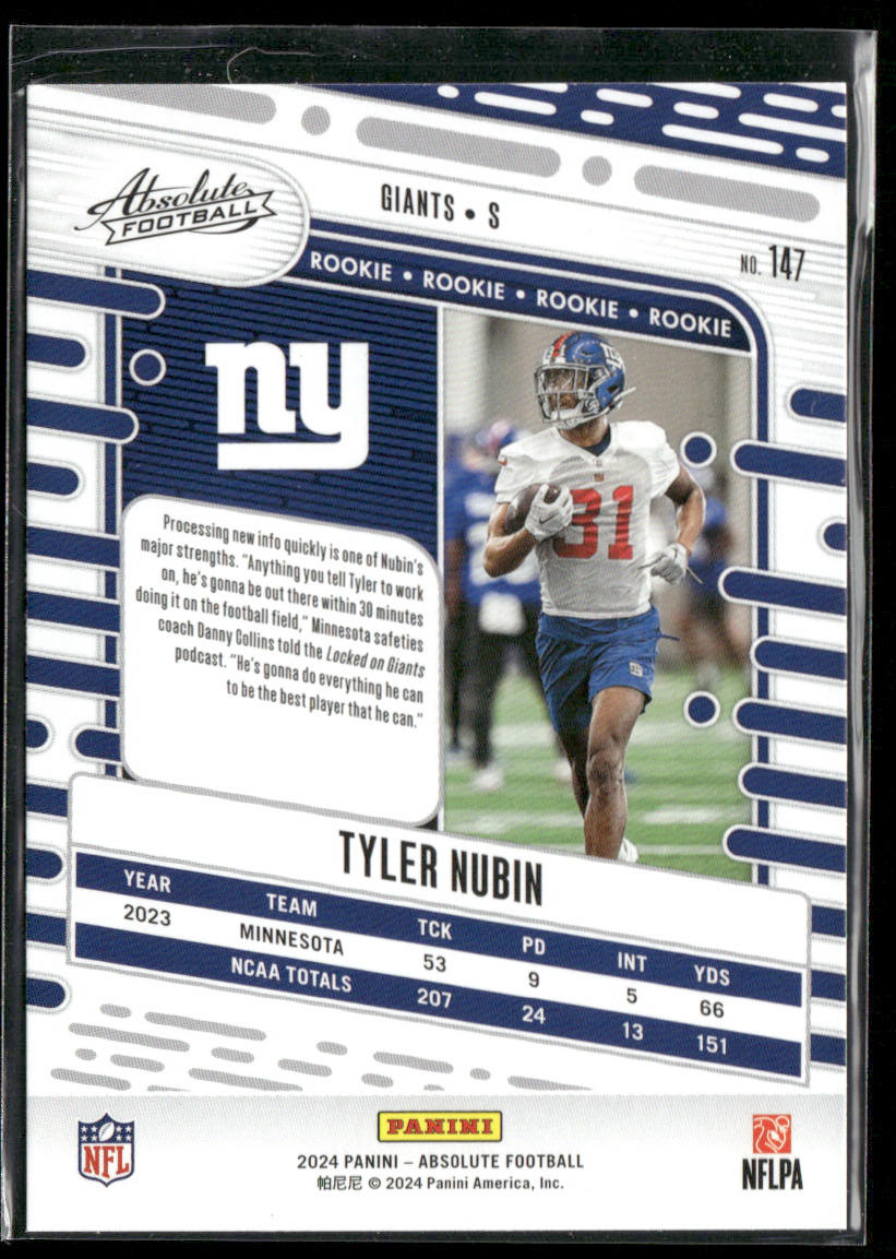 Tyler Nubin 2024 Panini Absolute Retail #147 RC New York Giants back