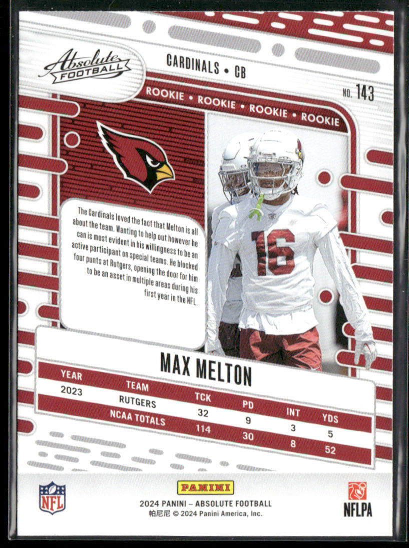 Max Melton 2024 Panini Absolute Retail #143 RC Arizona Cardinals back