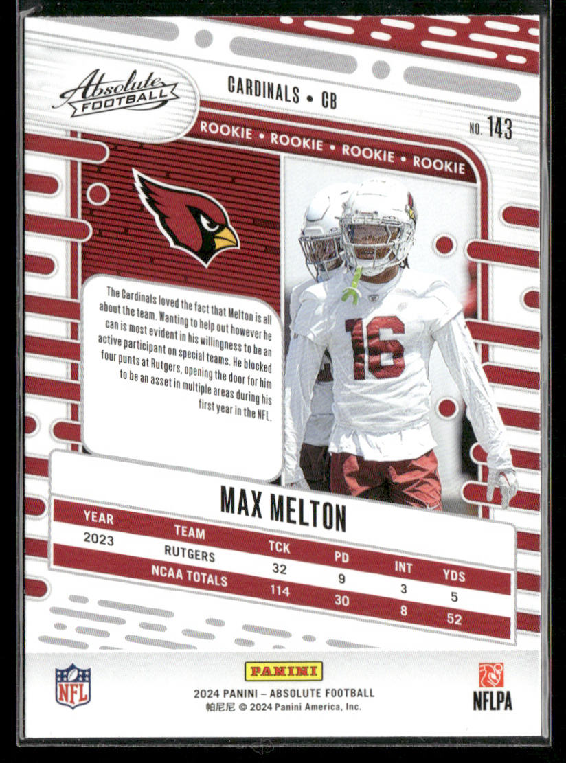 Max Melton 2024 Panini Absolute Retail #143 RC Arizona Cardinals back