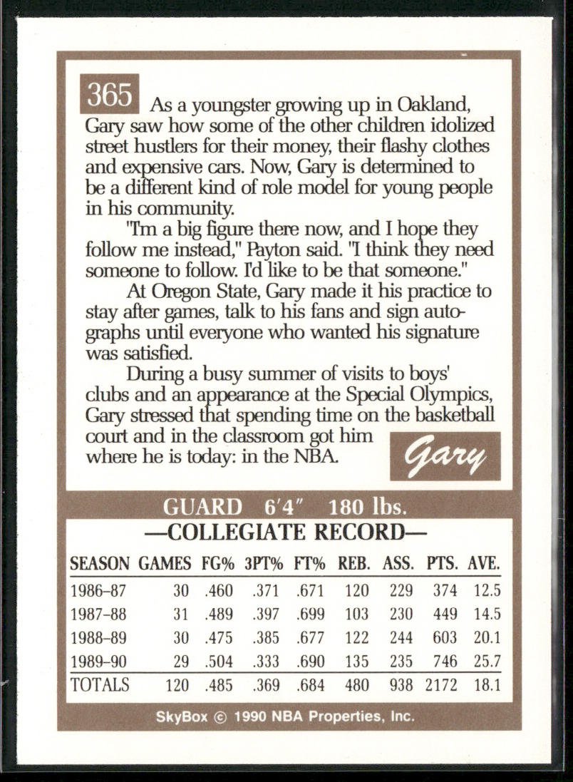 Gary Payton 1990-91 SkyBox #365 RC Seattle SuperSonics