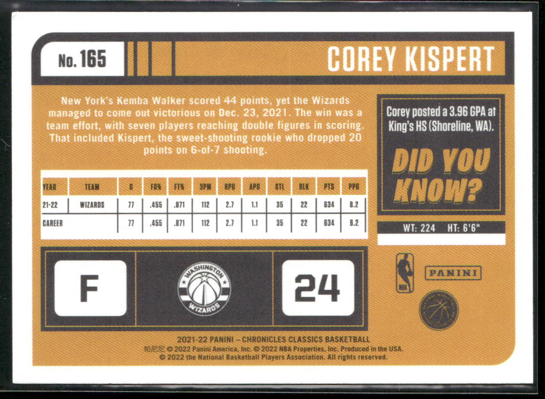 Corey Kispert 2021-22 Panini Chronicles #165 RC Washington Wizards back