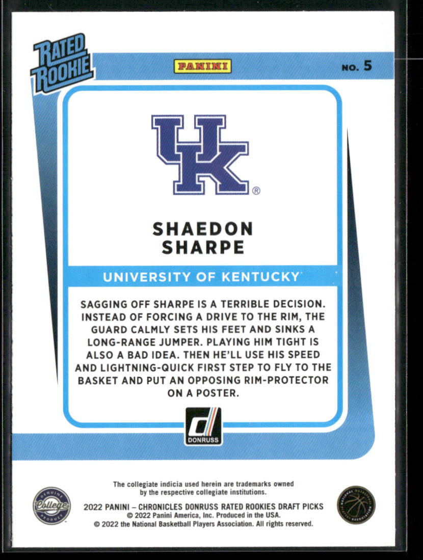 Shaedon Sharpe 2022 Panini Chronicles Draft Picks Donruss Rated Rookies #5 back