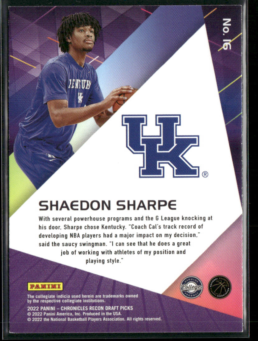 Shaedon Sharpe 2022 Panini Chronicles Draft Picks Recon #16 Kentucky Wildcats back