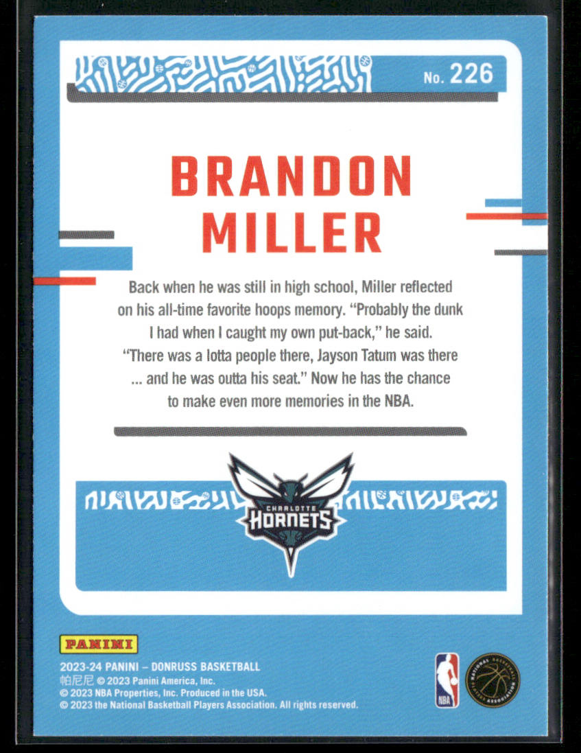 Brandon Miller 2023-24 Donruss #226 RC Charlotte Hornets back