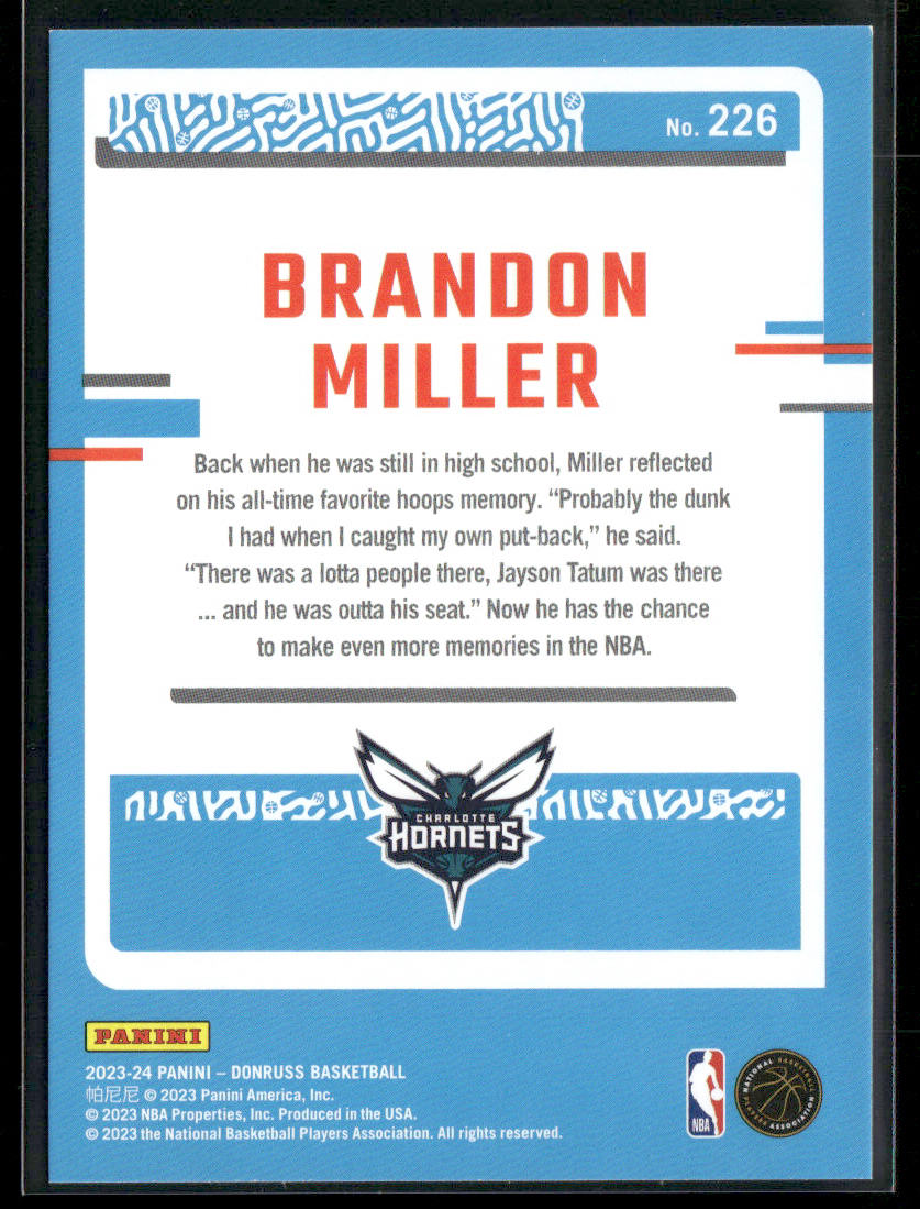 Brandon Miller 2023-24 Donruss #226 RC Charlotte Hornets back