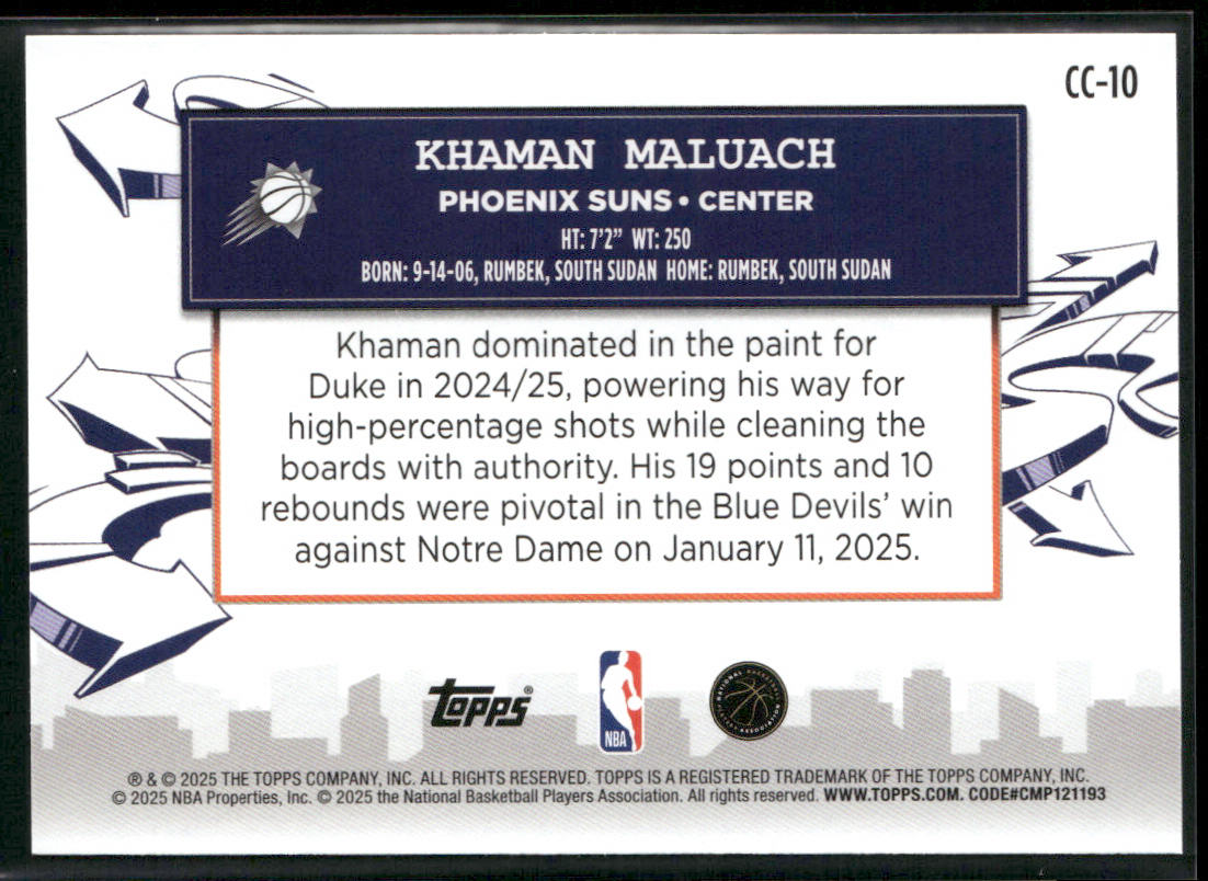 Khaman Maluach 2025-26 Topps Clutch City Prospects #CC-10 Phoenix Suns back