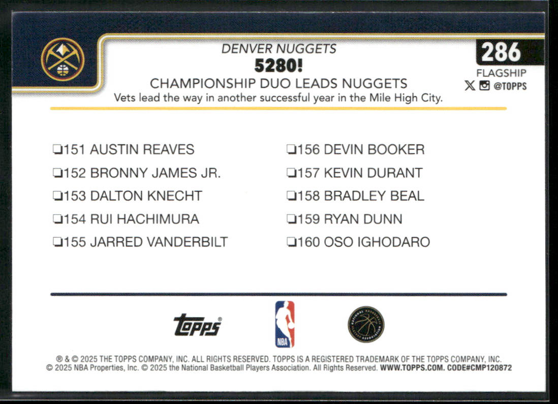 5280!: Championship Duo Leads Nuggets 2025-26 Topps #286 Denver Nuggets back