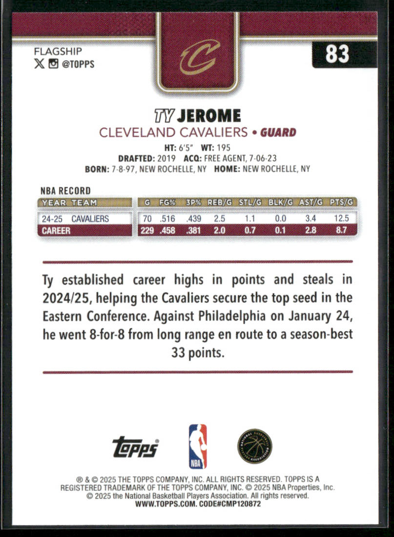 Ty Jerome 2025-26 Topps #83 Cleveland Cavaliers back