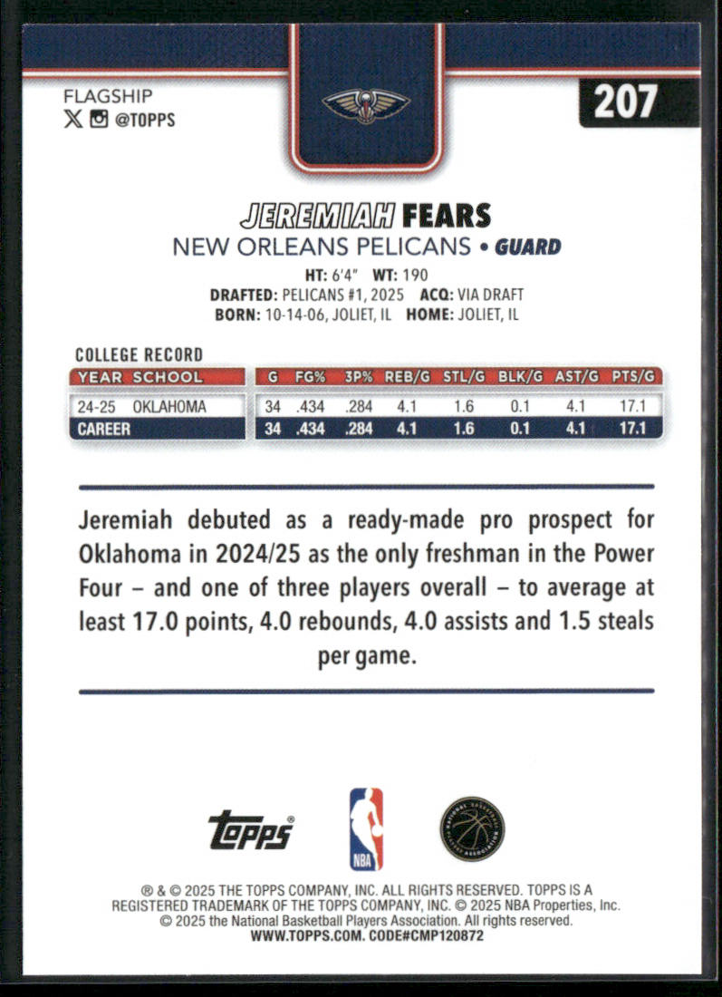 Jeremiah Fears 2025-26 Topps #207 RC New Orleans Pelicans back