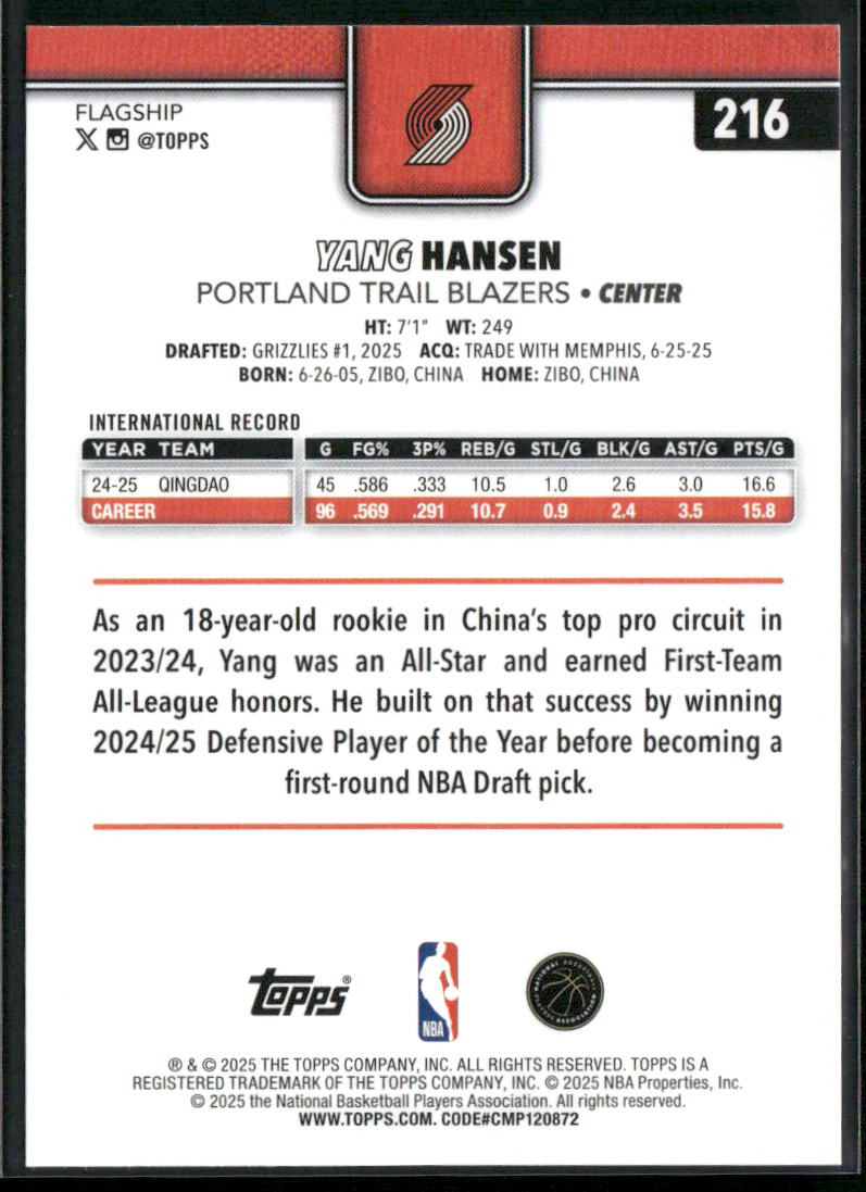 Yang Hansen 2025-26 Topps #216 RC Portland Trail Blazers back