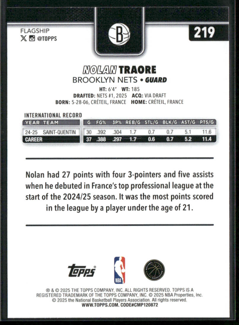 Nolan Traore 2025-26 Topps #219 RC Brooklyn Nets back