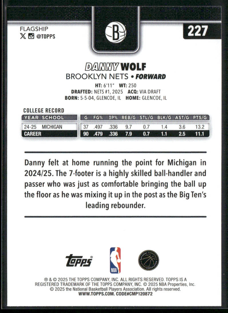 Danny Wolf 2025-26 Topps #227 RC Brooklyn Nets back