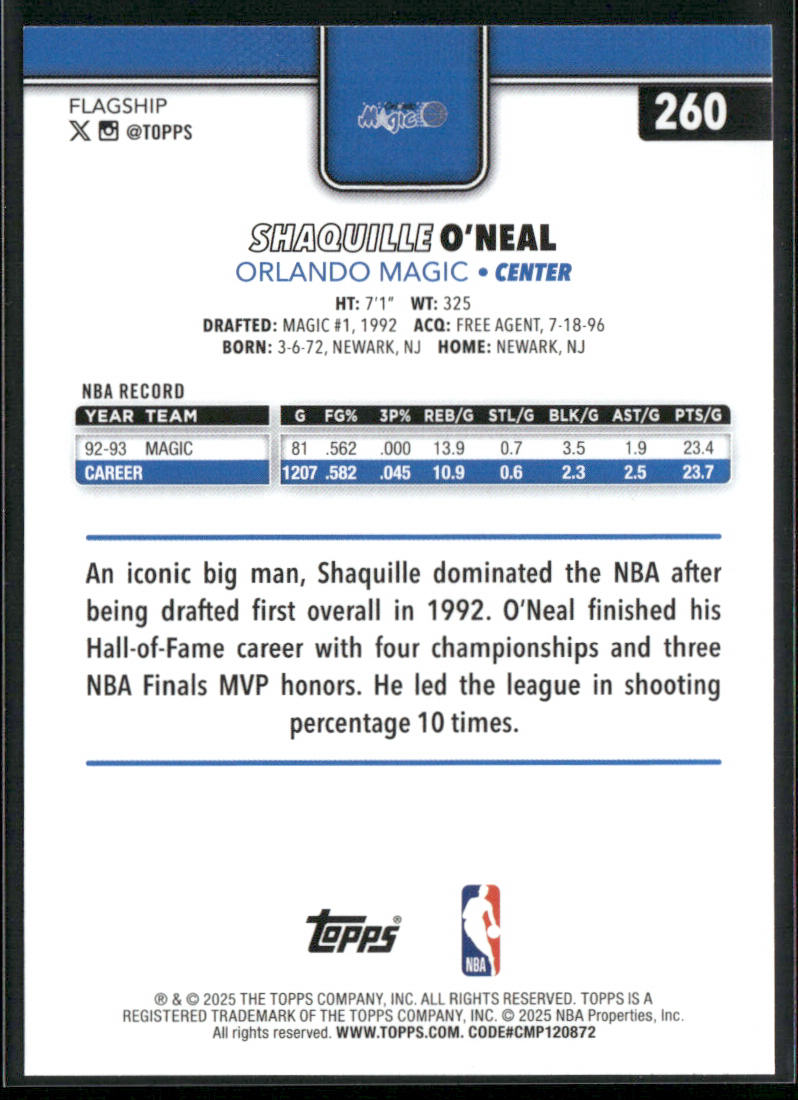 Shaquille O'Neal 2025-26 Topps #260 Orlando Magic back