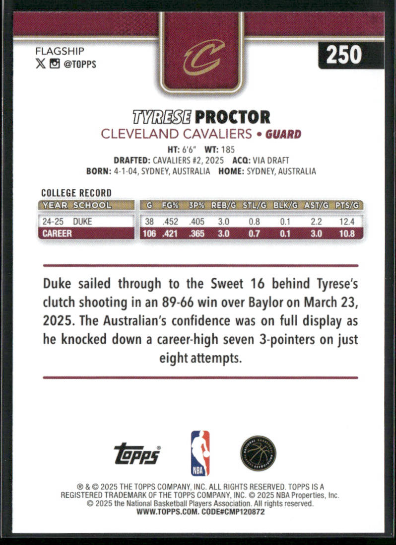 Tyrese Proctor 2025-26 Topps #250 RC Cleveland Cavaliers back