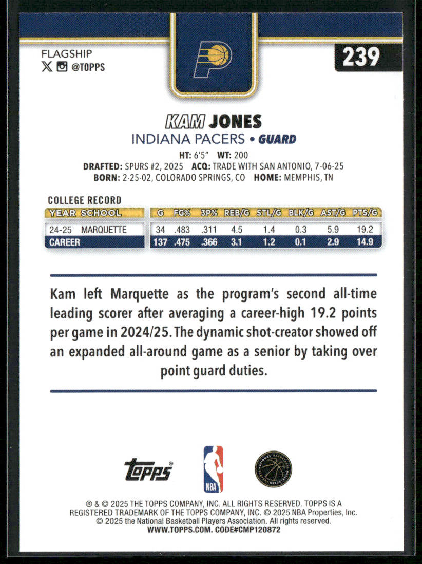 Kam Jones 2025-26 Topps #239 RC Indiana Pacers back