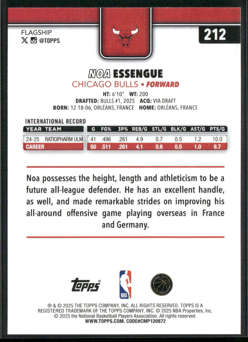 Noa Essengue 2025-26 Topps #212 RC Chicago Bulls back