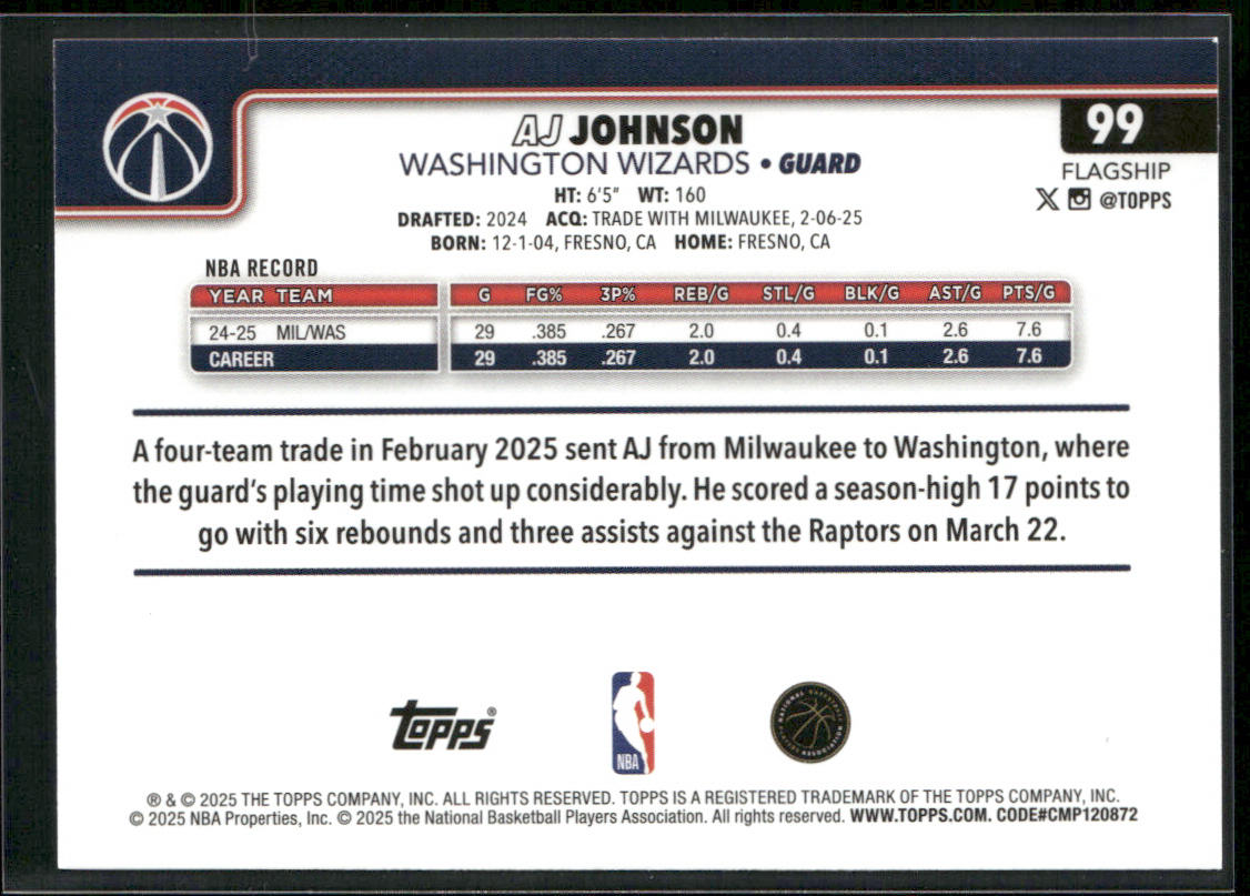 AJ Johnson 2025-26 Topps #99 Washington Wizards back