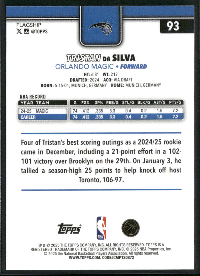 Tristan da Silva 2025-26 Topps #93 Orlando Magic back