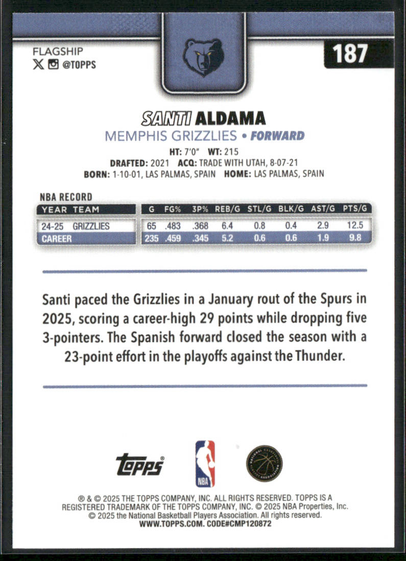 Santi Aldama 2025-26 Topps #187 Memphis Grizzlies back