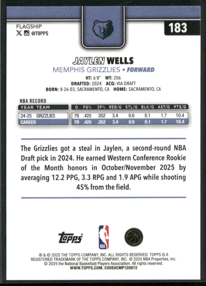 Jaylen Wells 2025-26 Topps #183 Memphis Grizzlies back