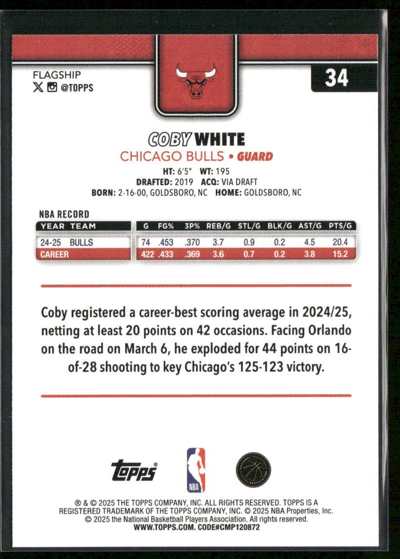 Coby White 2025-26 Topps #34 Chicago Bulls back
