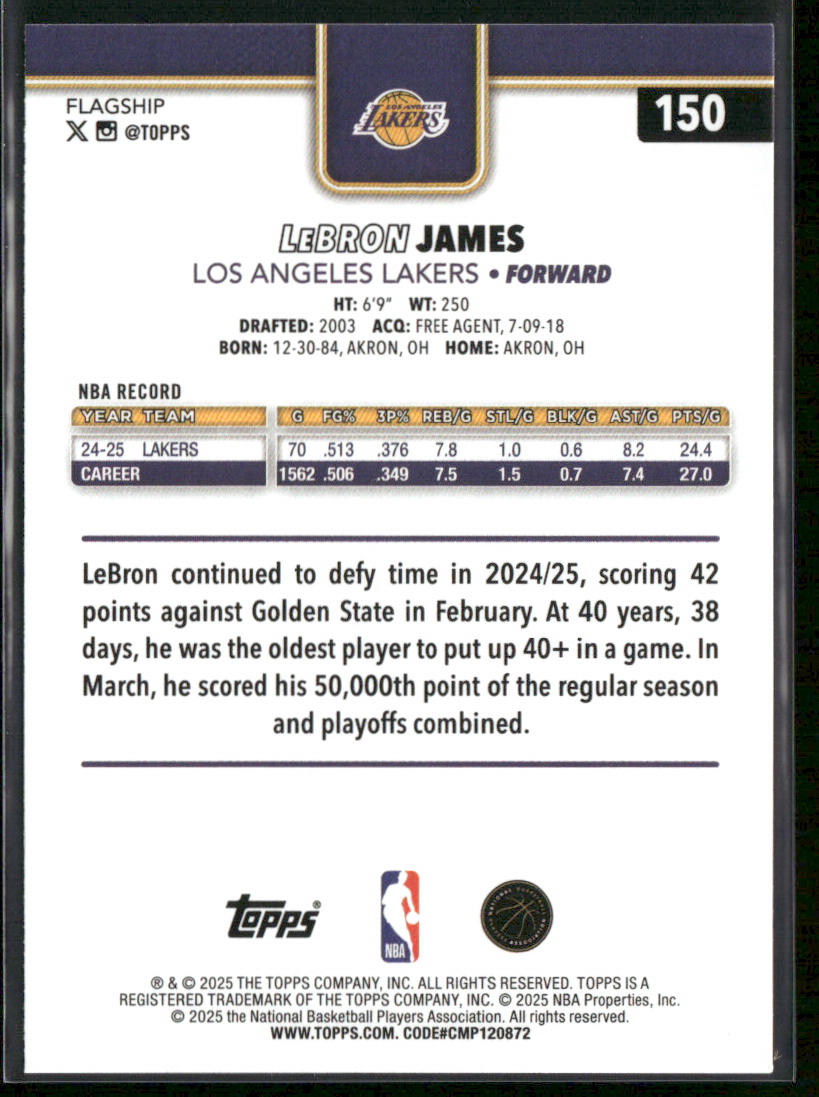 LeBron James 2025-26 Topps #150 Los Angeles Lakers back