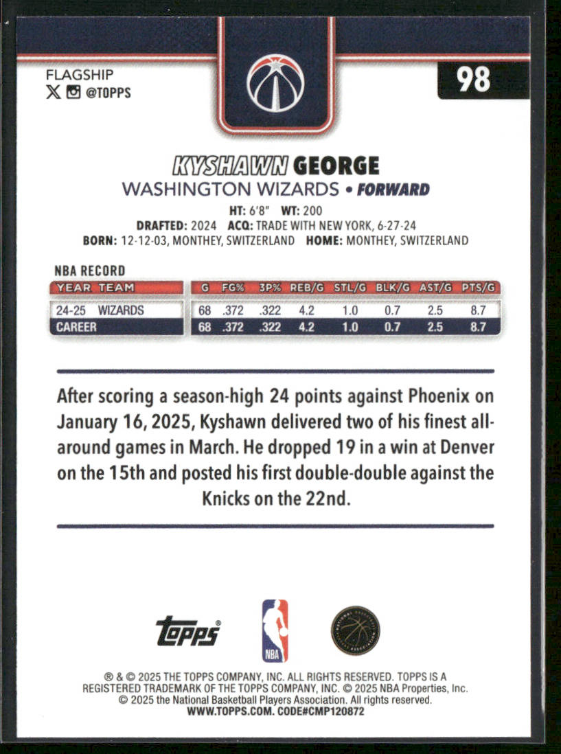 Kyshawn George 2025-26 Topps #98 Washington Wizards back