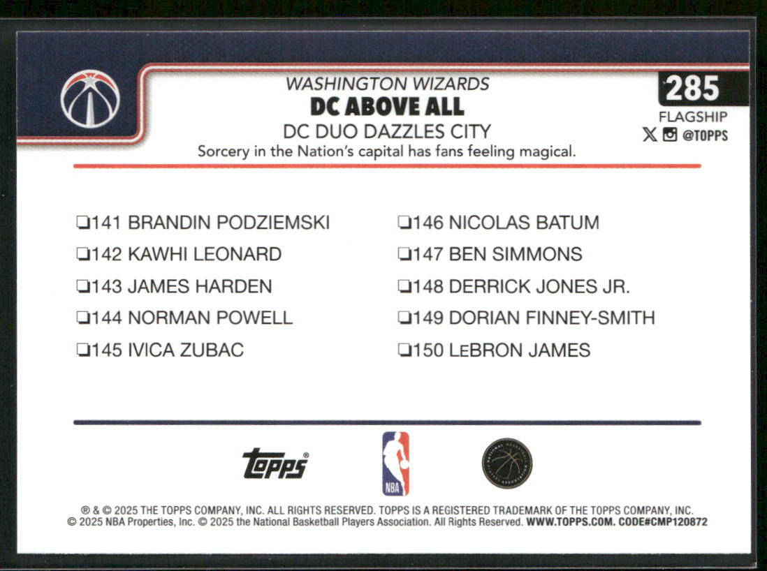 DC Above All: DC Duo Dazzles City 2025-26 Topps #285 Washington Wizards back
