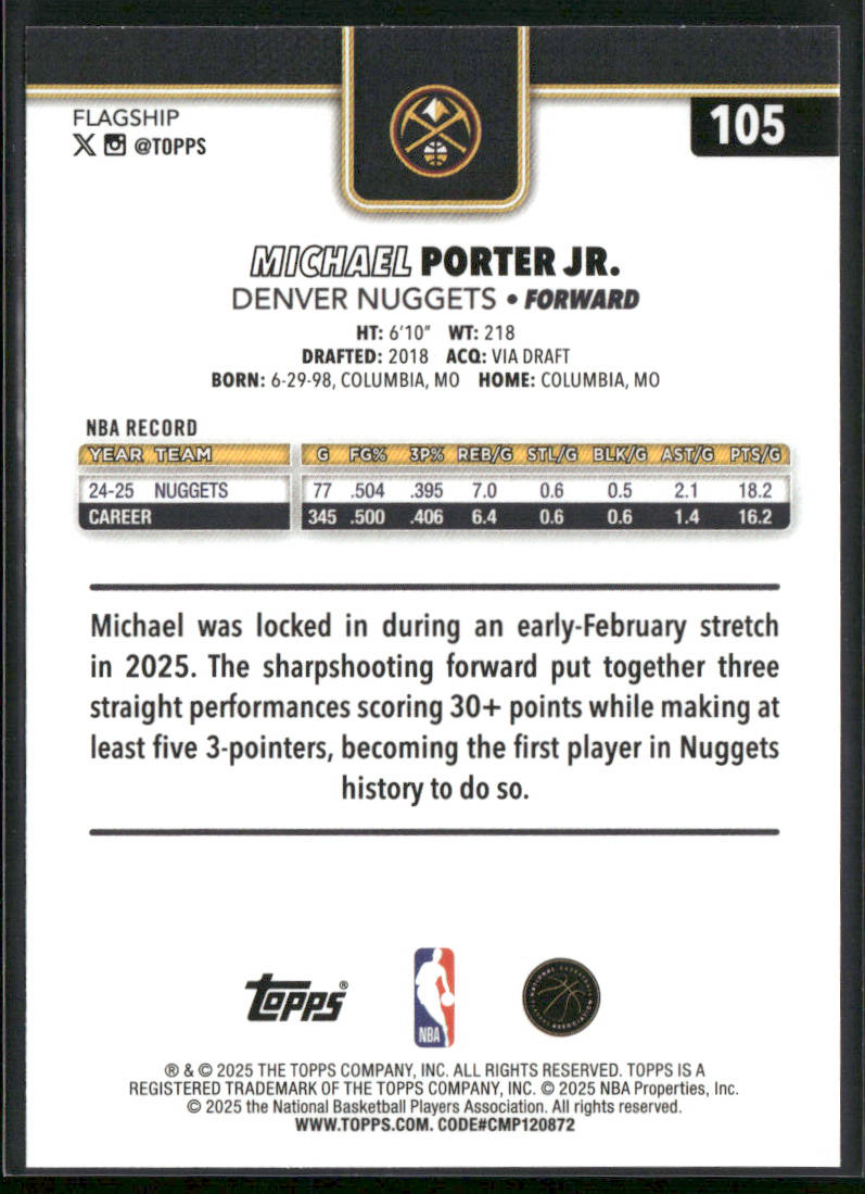 Michael Porter Jr. 2025-26 Topps #105 Denver Nuggets back