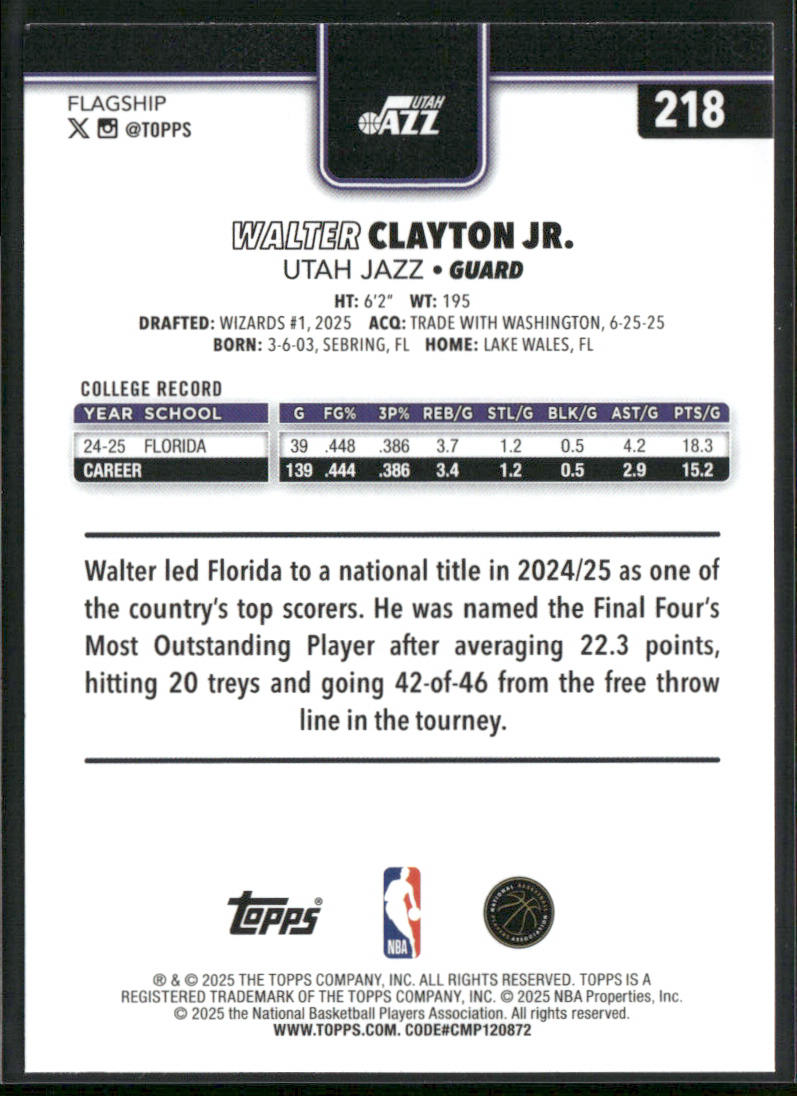 Walter Clayton Jr. 2025-26 Topps #218 RC Utah Jazz back