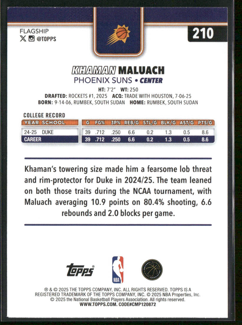 Khaman Maluach 2025-26 Topps #210 RC Phoenix Suns back