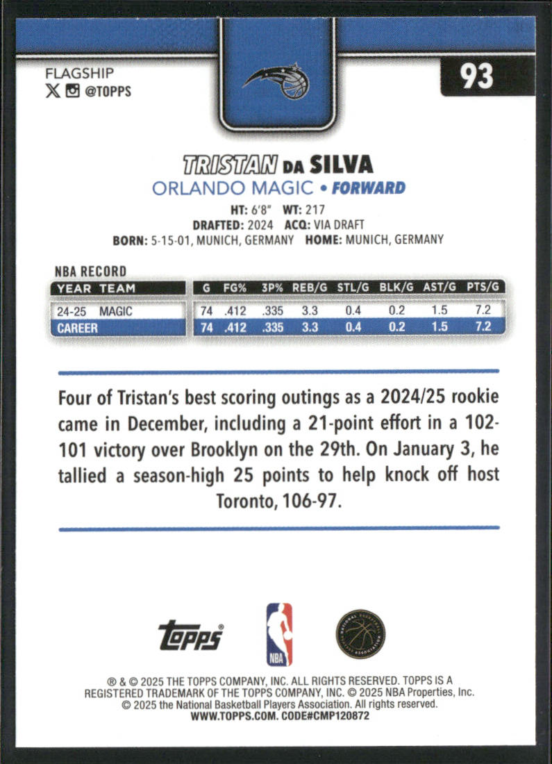 Tristan da Silva 2025-26 Topps #93 Orlando Magic back