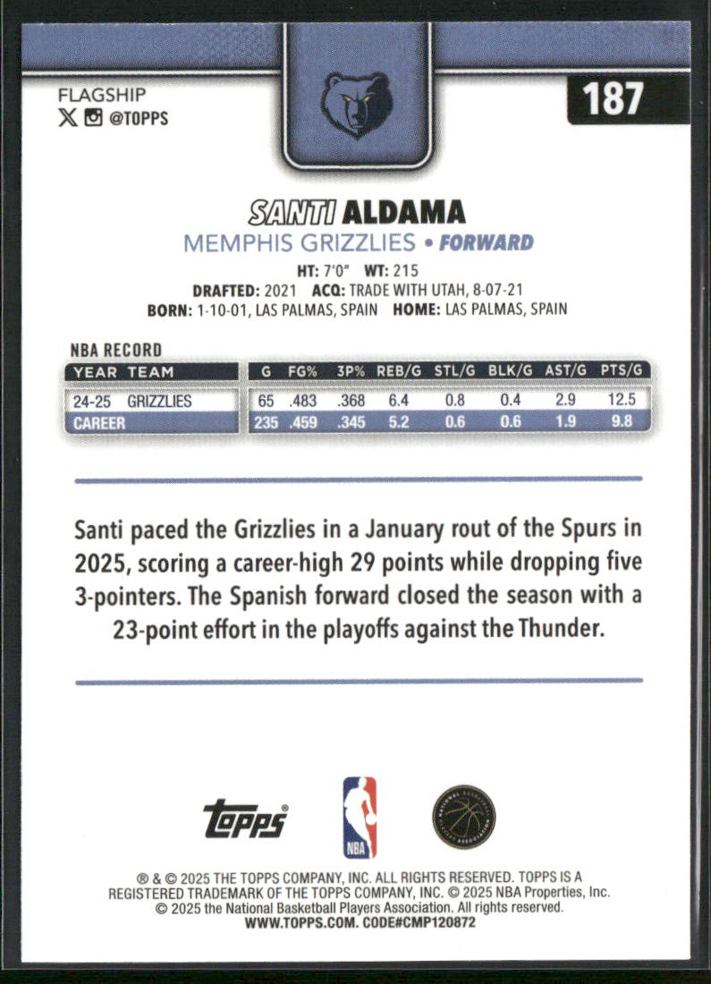 Santi Aldama 2025-26 Topps #187 Memphis Grizzlies back