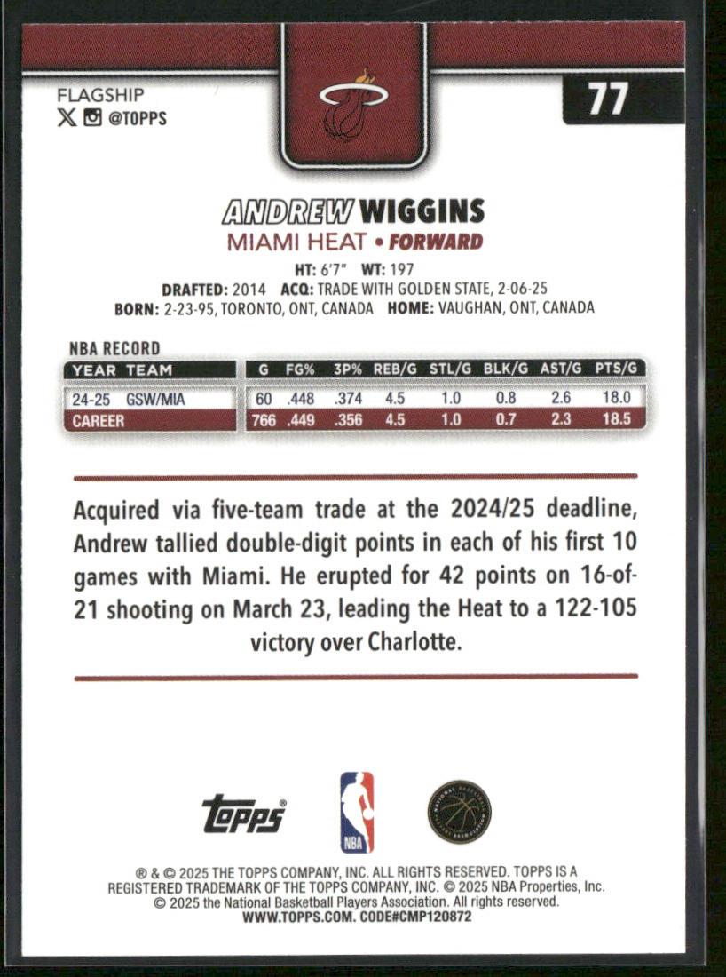 Andrew Wiggins 2025-26 Topps #77 Miami Heat back