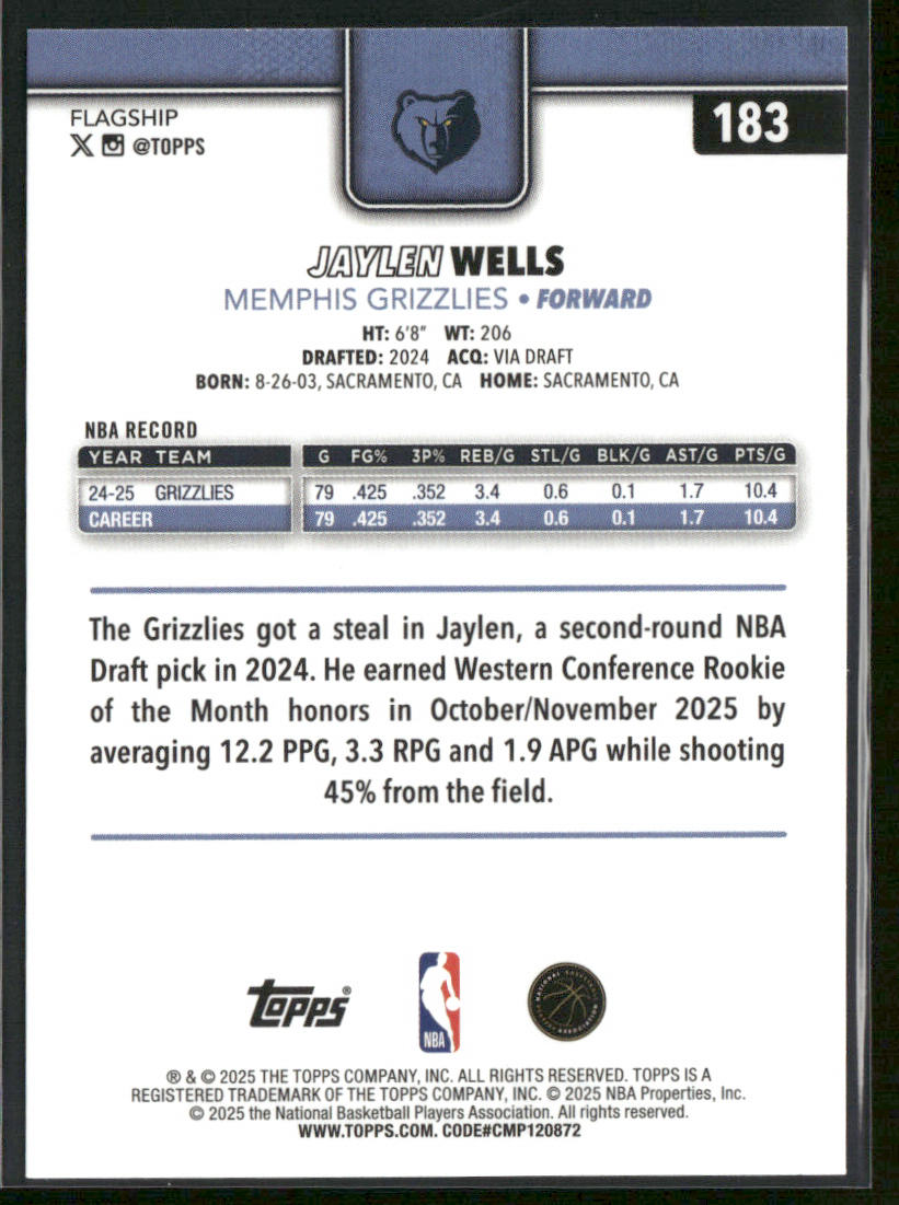 Jaylen Wells 2025-26 Topps #183 Memphis Grizzlies back