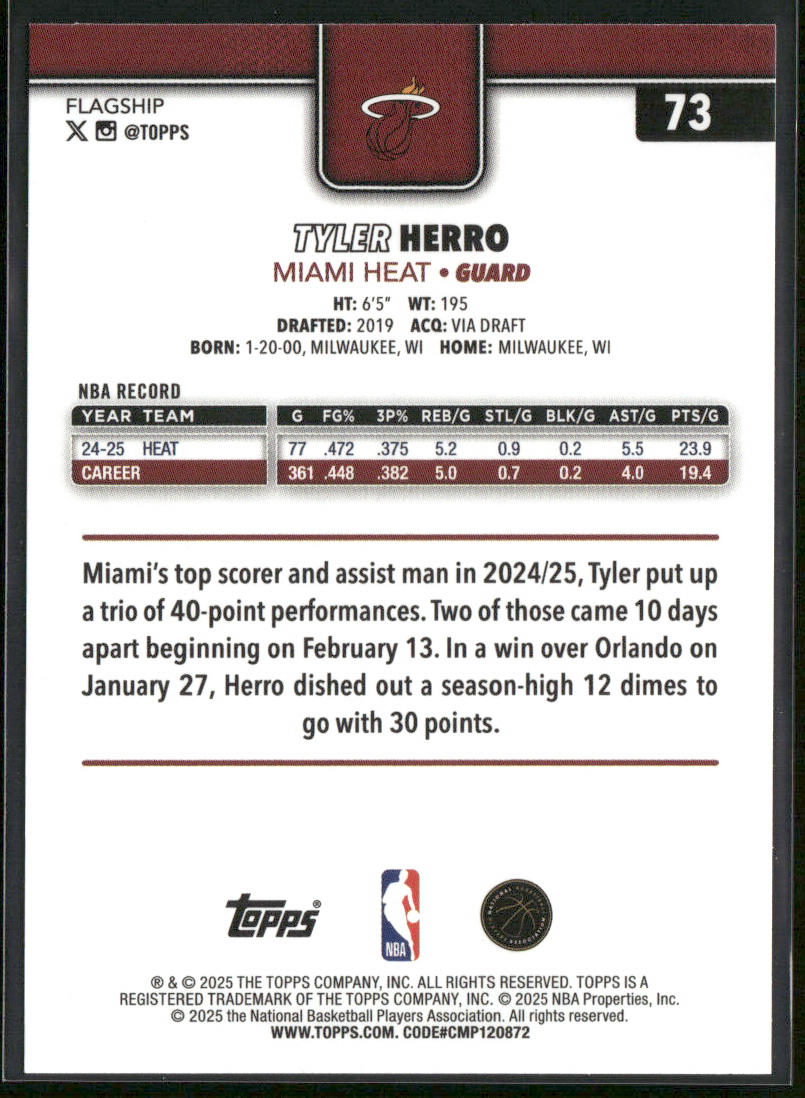 Tyler Herro 2025-26 Topps #73 Miami Heat back