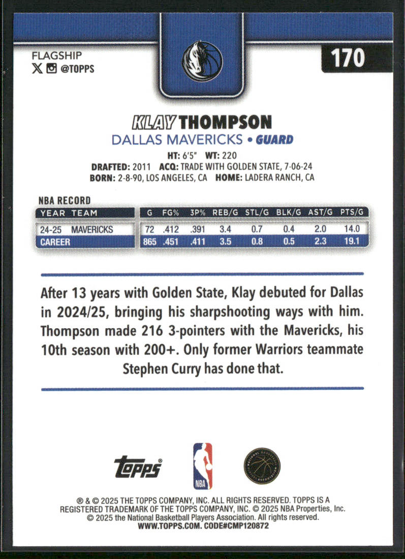 Klay Thompson 2025-26 Topps #170 Dallas Mavericks back