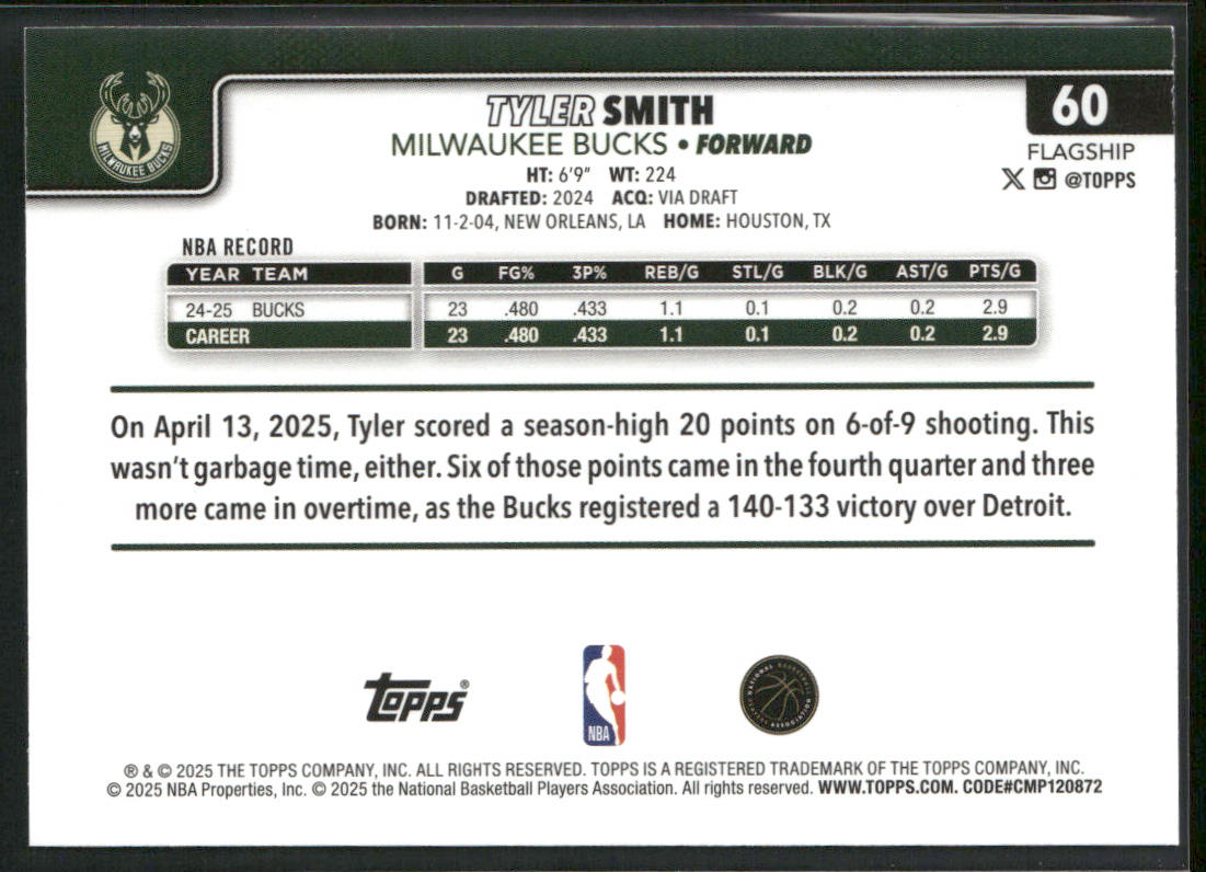 Tyler Smith 2025-26 Topps #60 Milwaukee Bucks back
