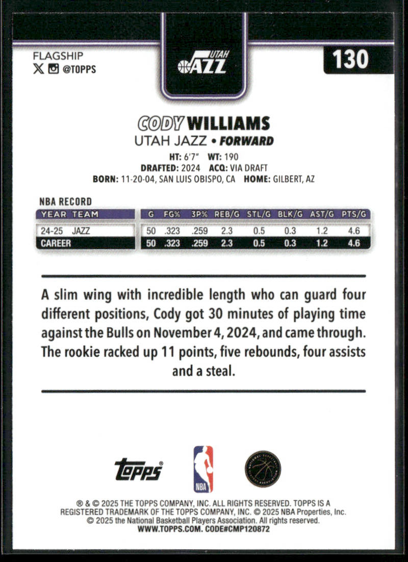 Cody Williams 2025-26 Topps #130 Utah Jazz back