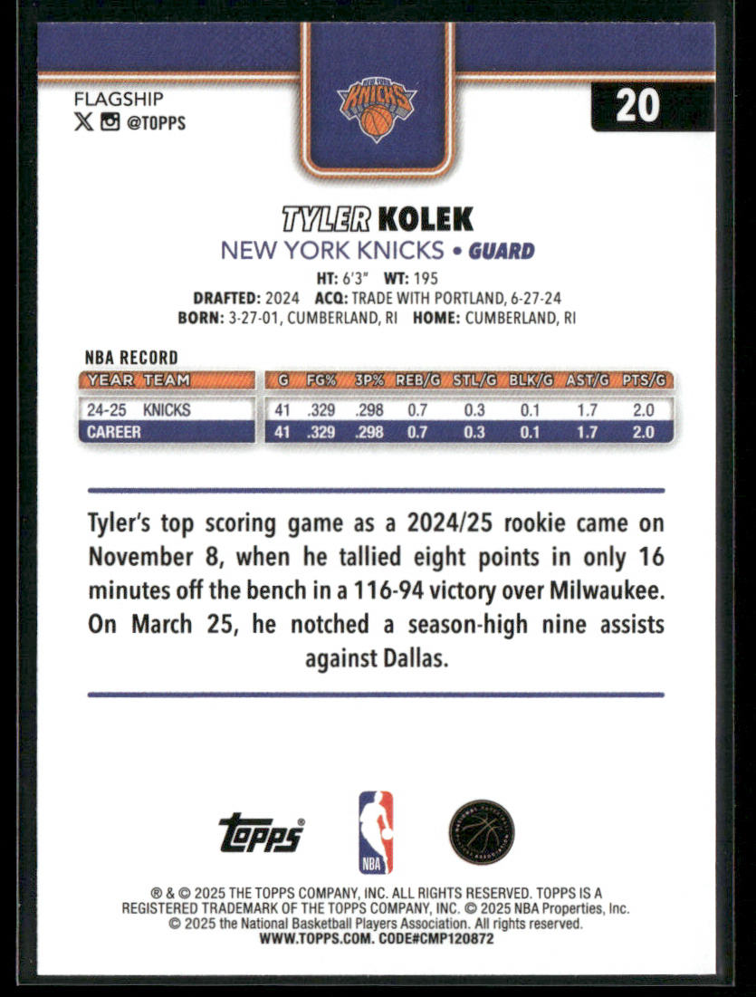 Tyler Kolek 2025-26 Topps #20 New York Knicks back