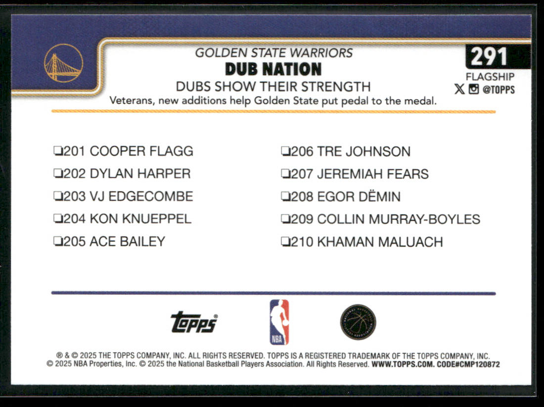 Dubs Nation: Dubs Show Their Strength 2025-26 Topps #291 Golden State Warriors back