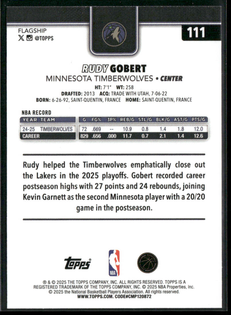 Rudy Gobert 2025-26 Topps #111 Minnesota Timberwolves back
